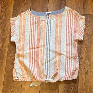 LL Bean Signature Colorful Striped 100% Linen Shirt with Tie Front Medium